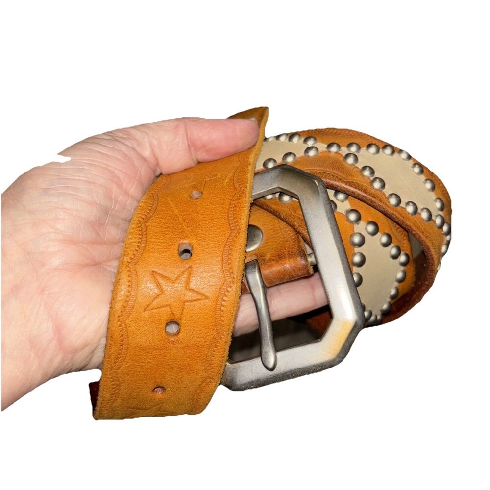 Moda International Belt L Women Silver buckle Vintage Studded Leather Brown Star